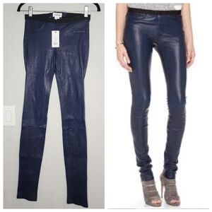 NWT Helmut Lang 100% Lamb Leather Pull On Blue Stretch Legging Skinny Pants Sz 0